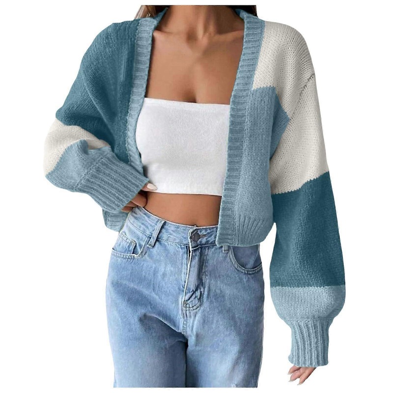 Women’s Cropped Cardigan V Neck Colour Block Knitted Coat Blue M