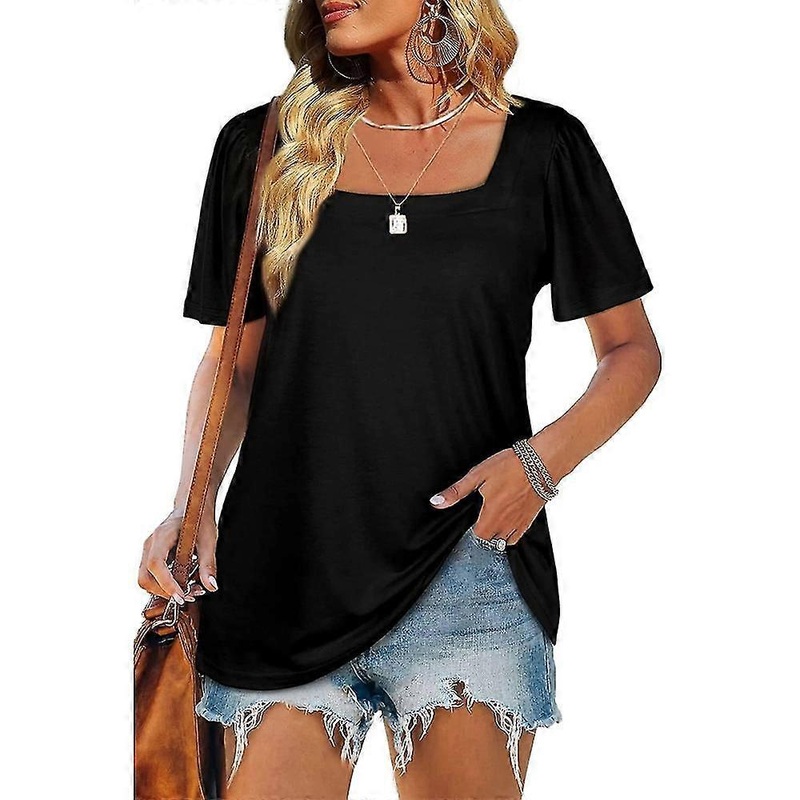 Womens Summer Tops Casual Square Neck Puff Short Sleeve T Shirts