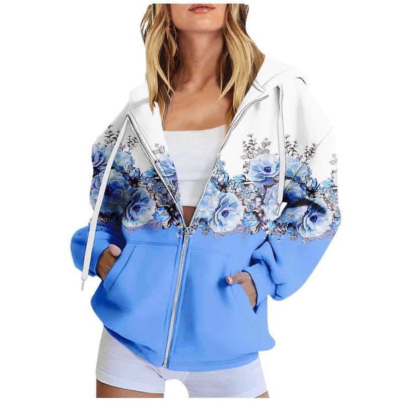 “2024 Autumn Fashion Hoodies for Women Long Sleeve Floral Print Sweatshirt with Pockets Zip-Up Coat Sky Blue Size S”