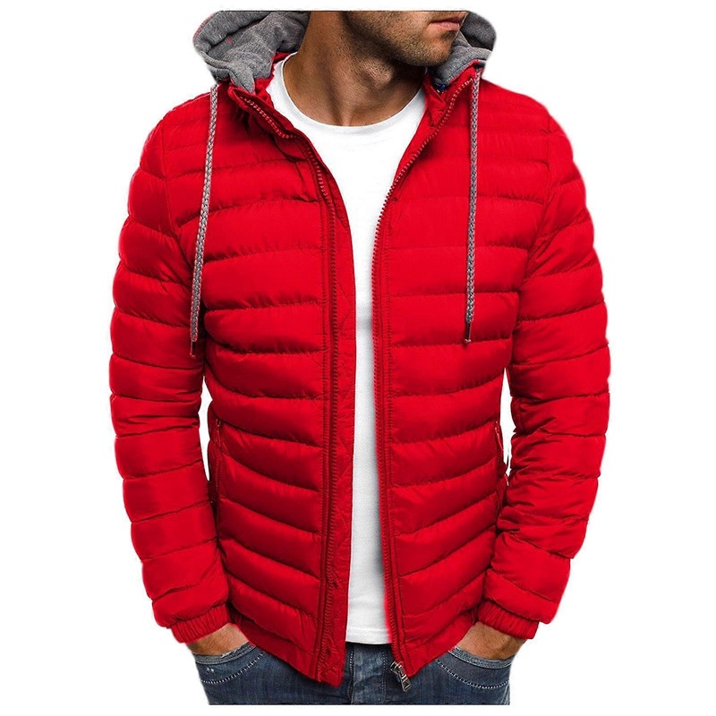 Winter Jacket Men’s Bomber Jacket with Hood Warm Lightweight Quilted Red