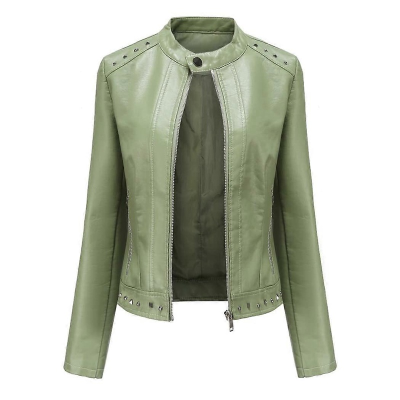 Women’s Leather Moto Biker Short Coat Jacket Casual Tailored Slim Zip Motorcycle Outwear Green XL