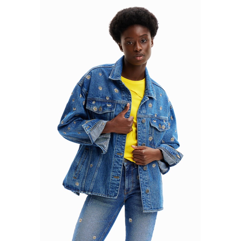 Desigual Flowers Denim Jacket with Daisy Embroidery 24SWED21