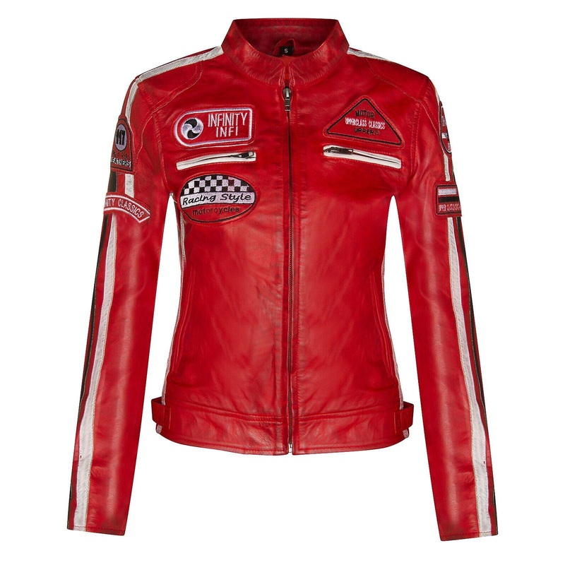 Womens Red Leather Biker Casual Racing Moto Badges Jacket