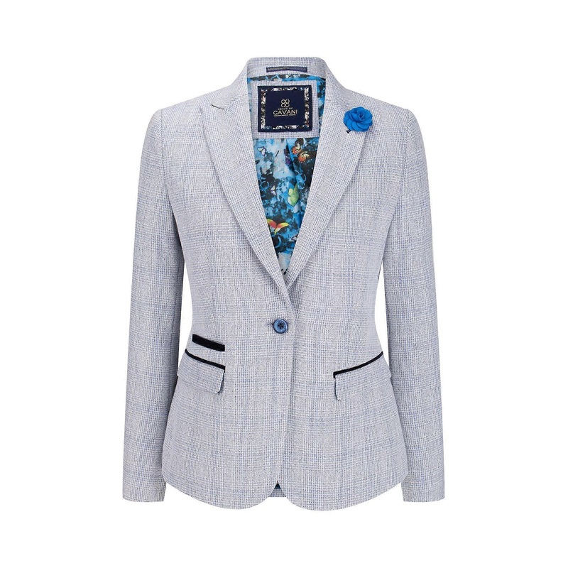 Womens Blue Check Blazer Wool Blend Herringbone Tweed