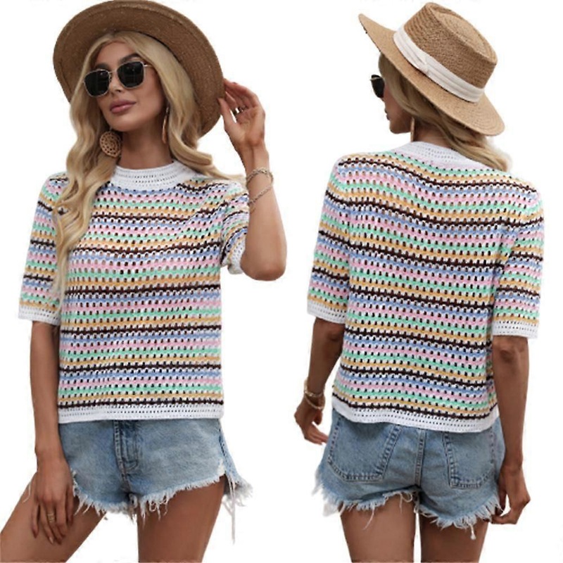 Womens Short Sleeve Kawaii T-Shirts Cover up Hollow Out Crochet Knitted Streetwear Crop Tops