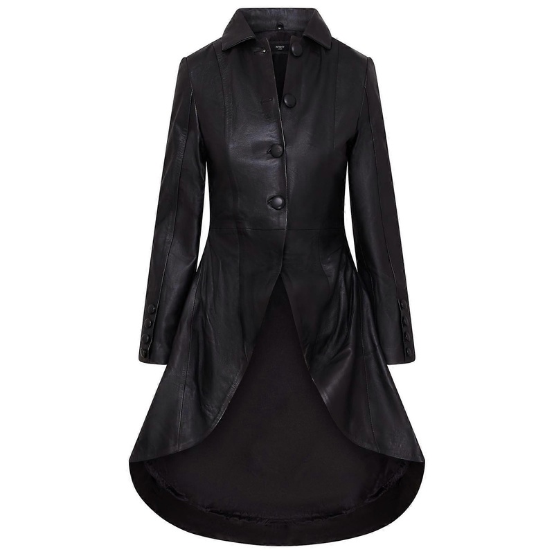 Womens Gothic Black Full Length Leather Coat Victorian Flare Goth Punk