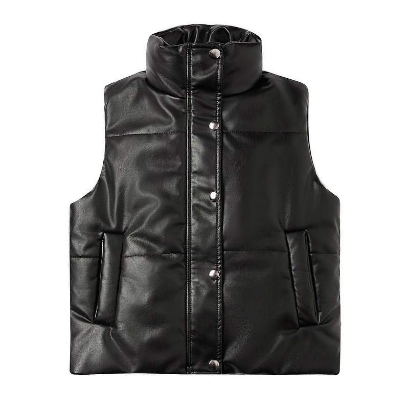 Women’s Leather Vest – Sleeveless Padded Zipper Style with Stand Collar for Autumn and Winter Fashion