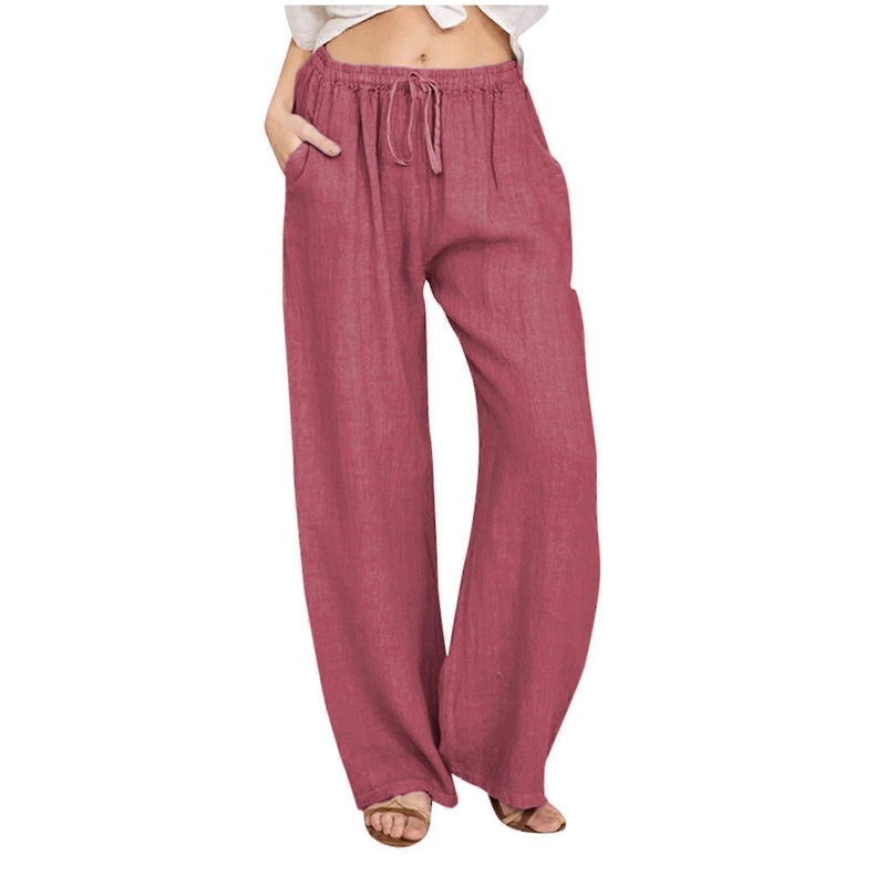 Cotton Linen Women’s Pants Summer Breathable Wide-Leg Loose-Fit Capri With Pockets Watermelon Red Size S