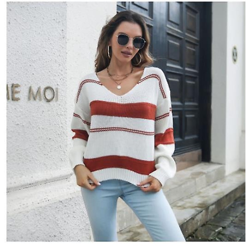 Women’s Tops Spring And Autumn High Quality Striped V-neck Long-sleeved Women’s Fashion Casual Loose Knitted Sweater Women’s Knitted Sweater