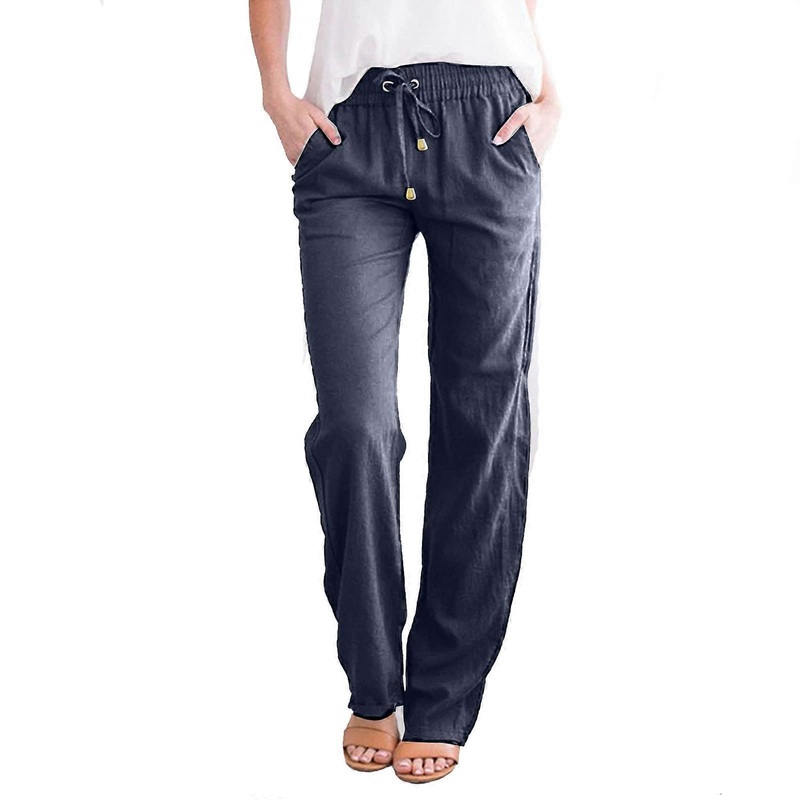 High Waist Cotton Summer Pants for Women, Loose Fit Palazzo Lounge Trousers with Pockets, Wide Leg Relaxed Fit, XXL Navy Blue