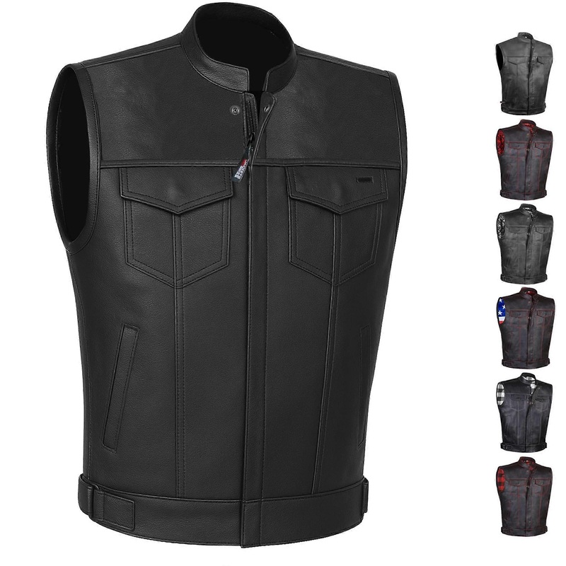 SOA Men’s Leather Motorcycle Concealed Gun Pockets Biker Club Vest with Armor, black