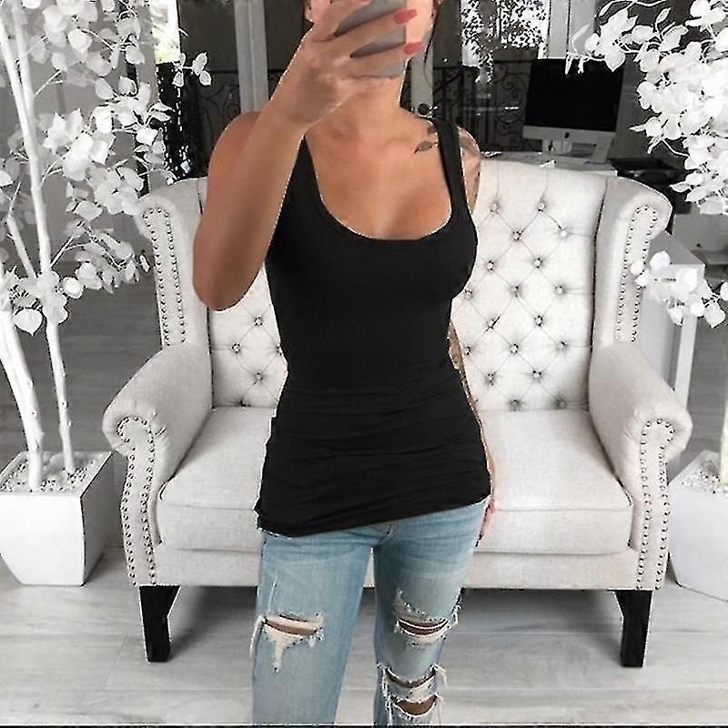 Womens Ladies U Neck Sleeveless T Shirt Stretch Long Camisole Vest Tank Tops