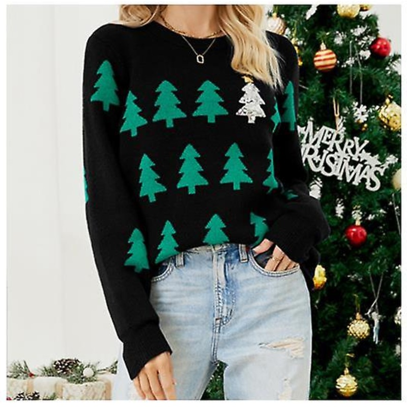 Women’s Pullover Top 2023 Autumn And Winter New Arrival Christmas Tree Jacquard Knitted Sweater Women’s Casual Round Neck Loose Long-sleeved
