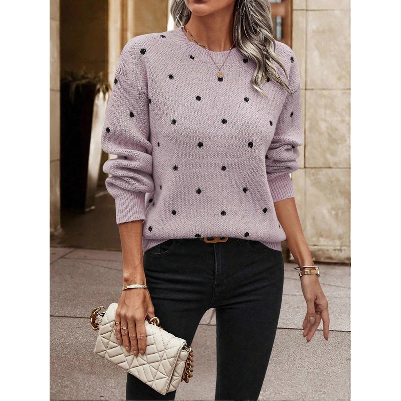 Women’s Polka Dot Pattern Round Neck Drop Shoulder Long Sleeve Casual Loose Sweater, Autumn/Winter