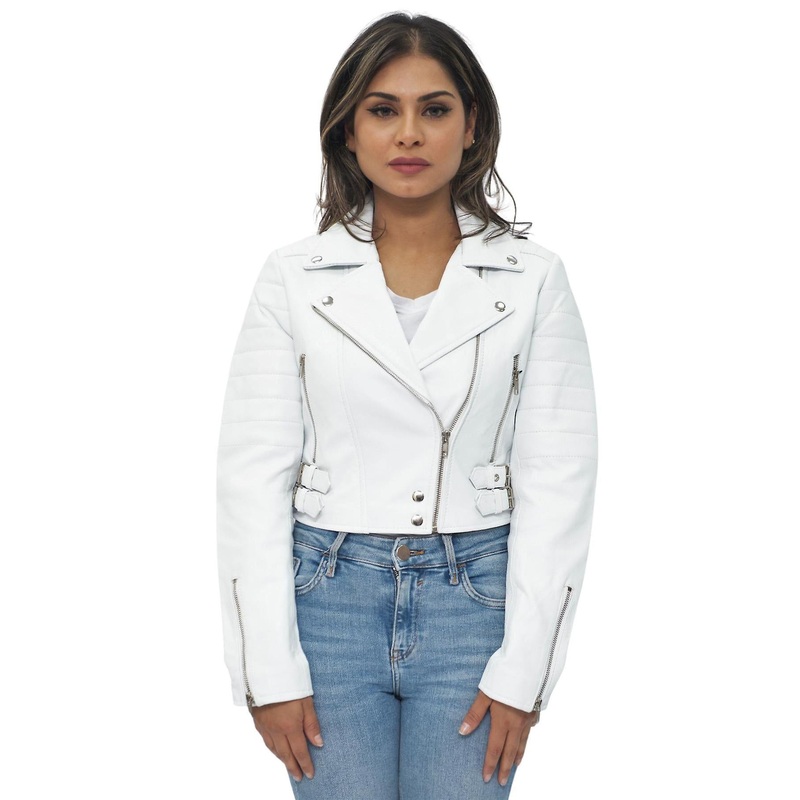 Womens White Cropped Brando Leather Biker Jacket