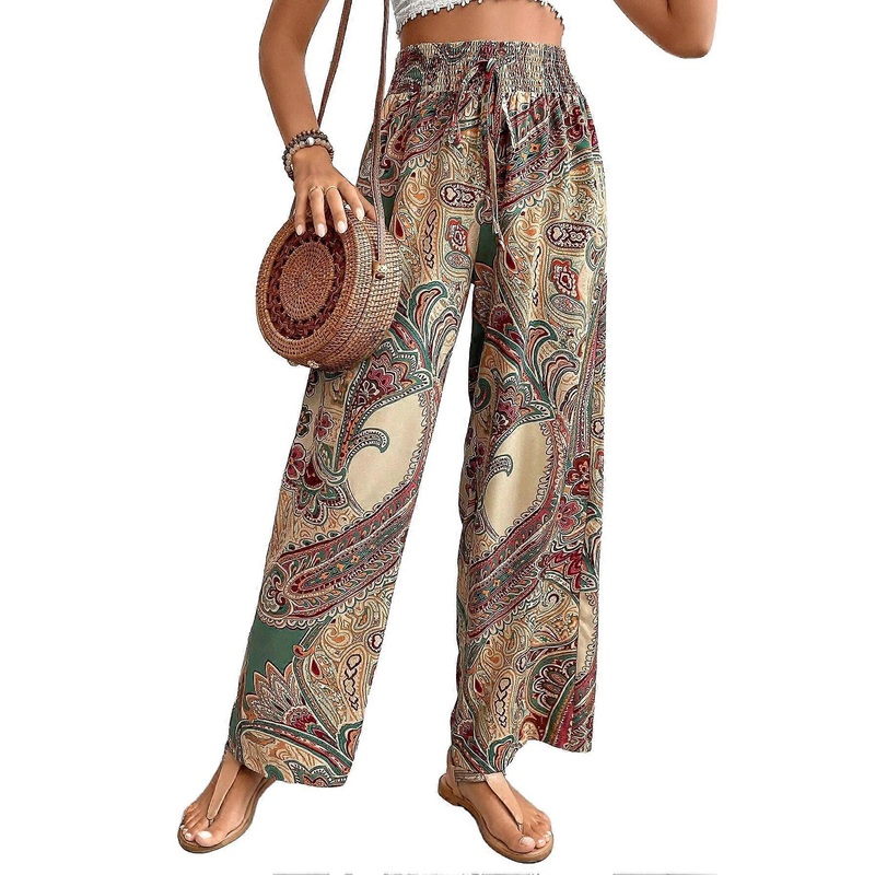 Floral Print Wide Leg Pants Casual Shirred Waist Pants For Spring & Fall Women’s Boho Trousers Khaki