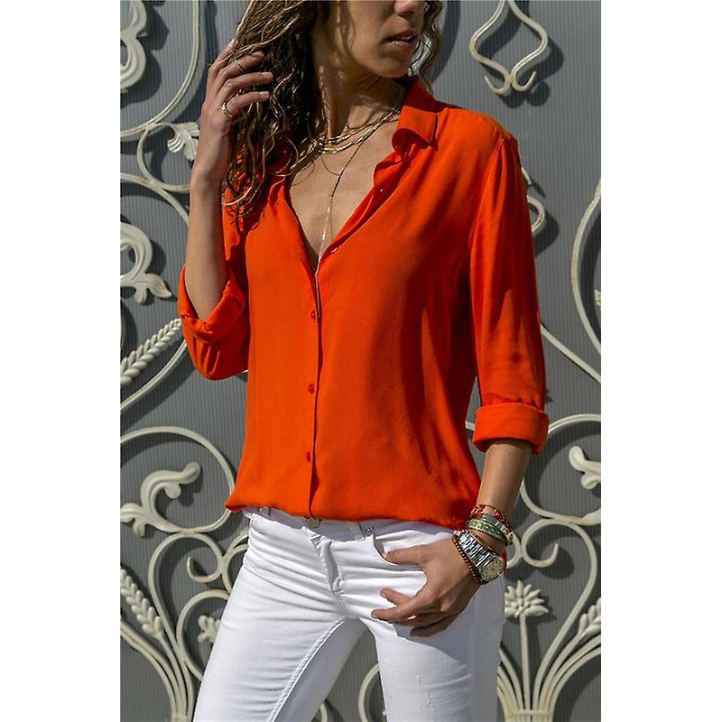 Womens Chiffon V Neck Tops Ladies Long Sleeve Buttons T Shirt Blouse Plus Size