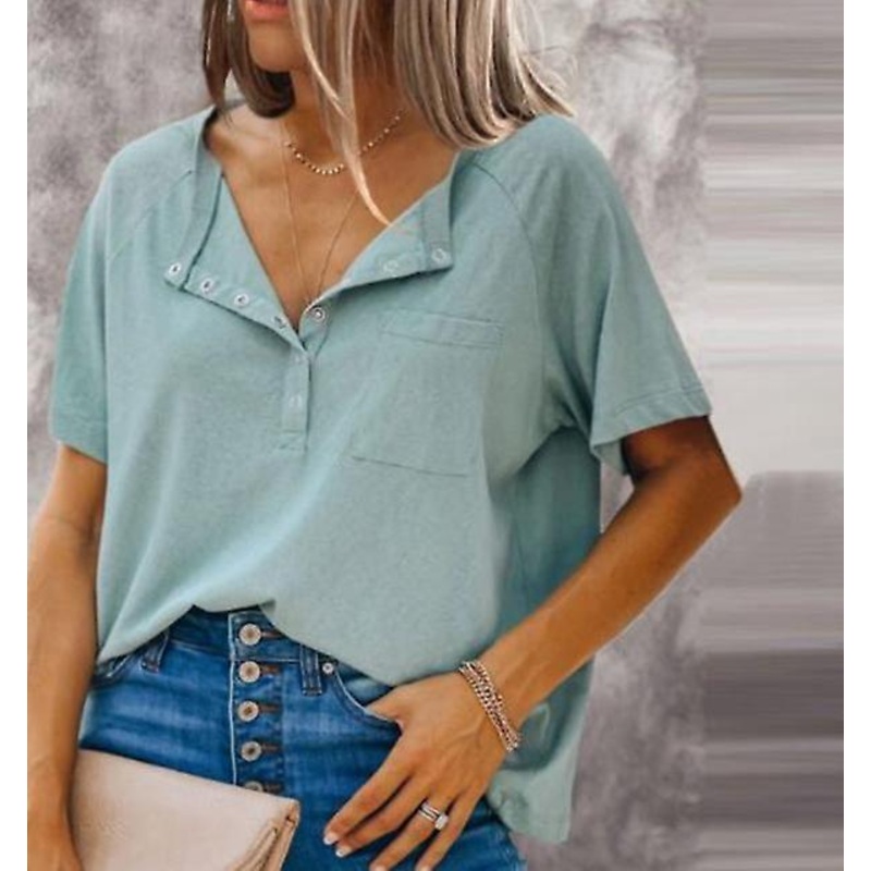 2022 Summer Women’s Short-sleeved Loose Round Neck Button Solid Color T-shirt Top Tee