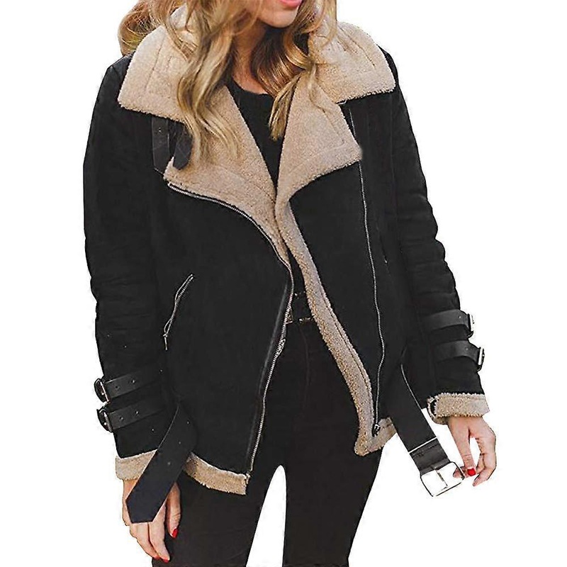 Winter Jacket Biker Jacket Women’s Quilted Fleece-Lined Coat with Lapels Long Sleeve Windproof 4XL Black