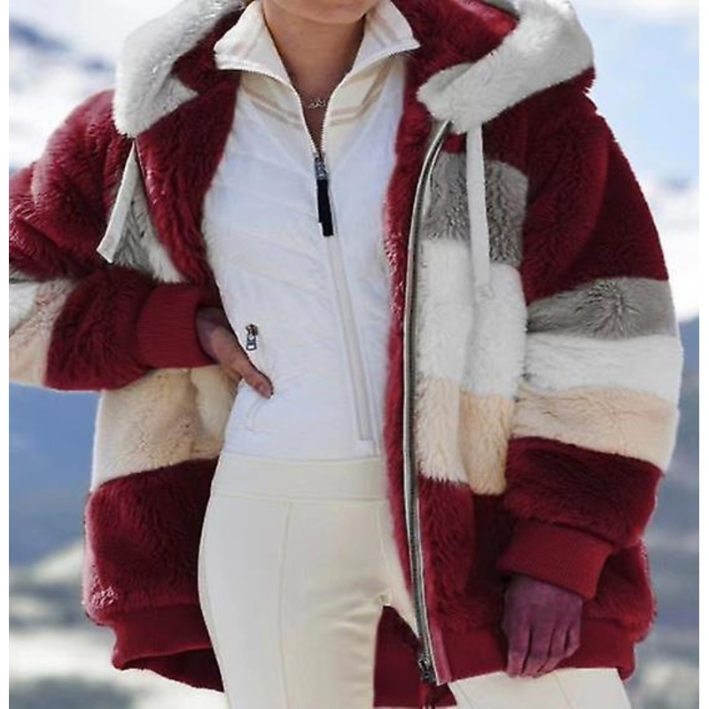 Women’s 2022 Autumn And Winter Coat Fashion Outdoor Warm Plush Coat New Design Color Matching Hooded Loose Coat Women With Zipper And Pockets