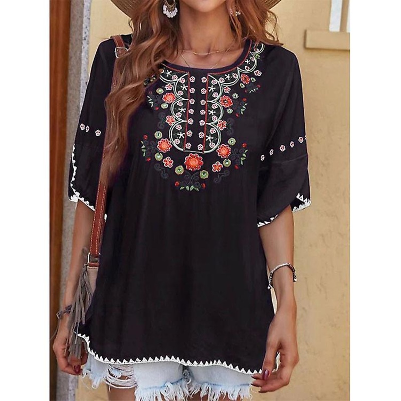 Womens Round Neck Flower Print T-shirt Ladies Midi Sleeve Casual Blouse Tops