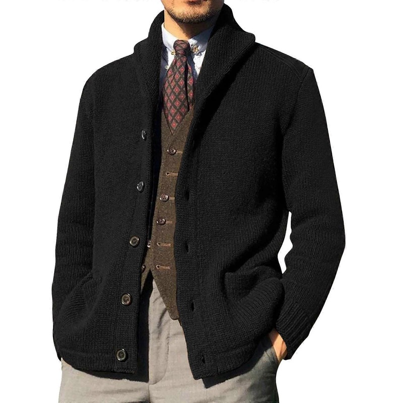 Strickjacke Herren Cardigan mit Reiverschluss, Fleece Winterjacke Regular Fit in Schwarz, Gre L fr Mnner