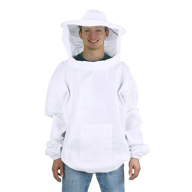 Beekeeping Suit with Veil Hood Hat, White Beekeeper Jacket, Front Zipper & Pocket, Protective Clothing for Beginners and Professionals