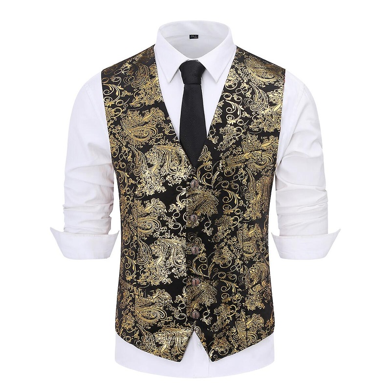 Sliktaa Mens Hipster Metallic Paisley Printed Single Breasted V-Neck Suit Vest