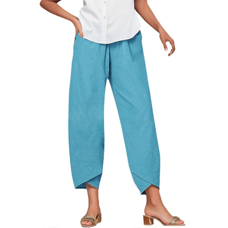 Damen Summer Pants Light Capri Pants,  Waist Wide Airy Casual Pants with Pockets Blue 3XL