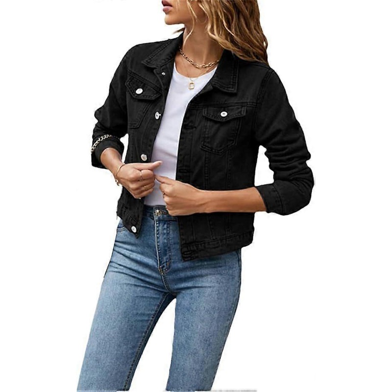 Women’s Denim Jacket Casual Long Sleeve Lapel Solid Color Button Pockets Slim Fit Denim Jacket Spring Autumn Outerwear with Pockets