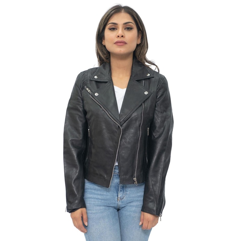 Womens Black Nappa Classic Leather Retro Biker Jacket