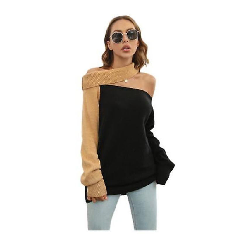 Women’s Color-blocking Top Fashion Sexy Off-the-shoulder Sweater Women’s Autumn And Winter Loose Long-sleeved Women’s Knitwear
