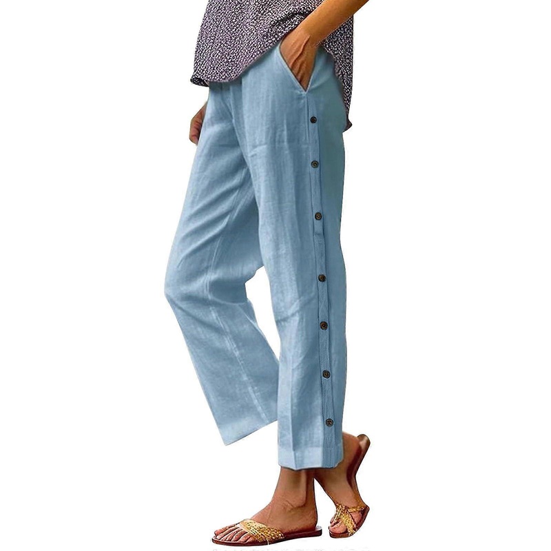 Women Fashion Solid Color Cotton Elastic Long Pants Light Blue Size L Beach Leisure Trousers Apartment 9