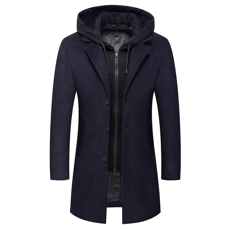 Sliktaa Mens Slim Fit Wool Coat Elegant Removable Hood Trench Overcoat