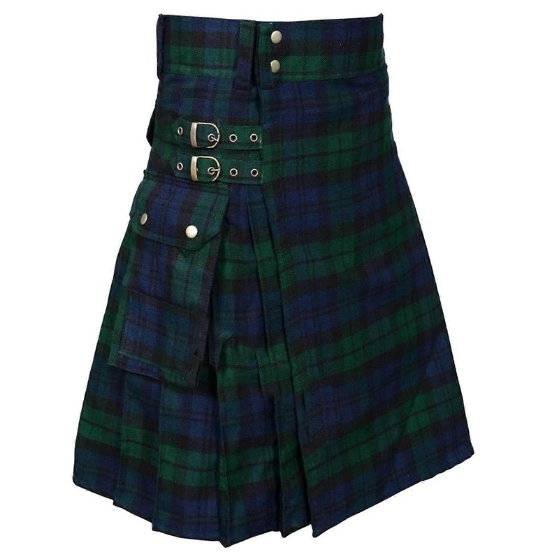 Tartan Utility Kilt For Men With Pockets, Green Checked Trousers, Scottish Style Green