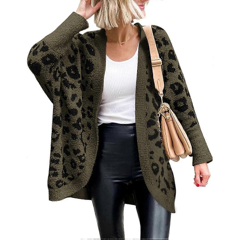 Women Fashion Leopard Print Long Sleeve Sweater Cardigan Loose Knit Open Front Fall Winter Outwear Coats
