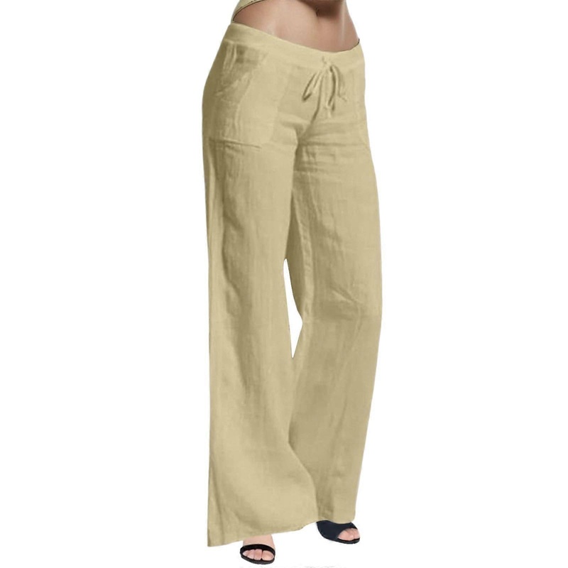 Casual High Waist Pants for Women, Elastic Cuff, Drawstring Waist, Solid Color, Long Wide Fit, Beige, 3XL